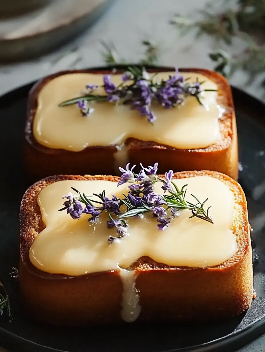 Zwei Kuchenstücke mit Butter und Lavendel als Dekoration.