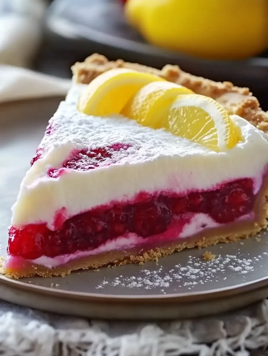 Ein Stück Torte mit Zitronen- und Himbeergarnierung.