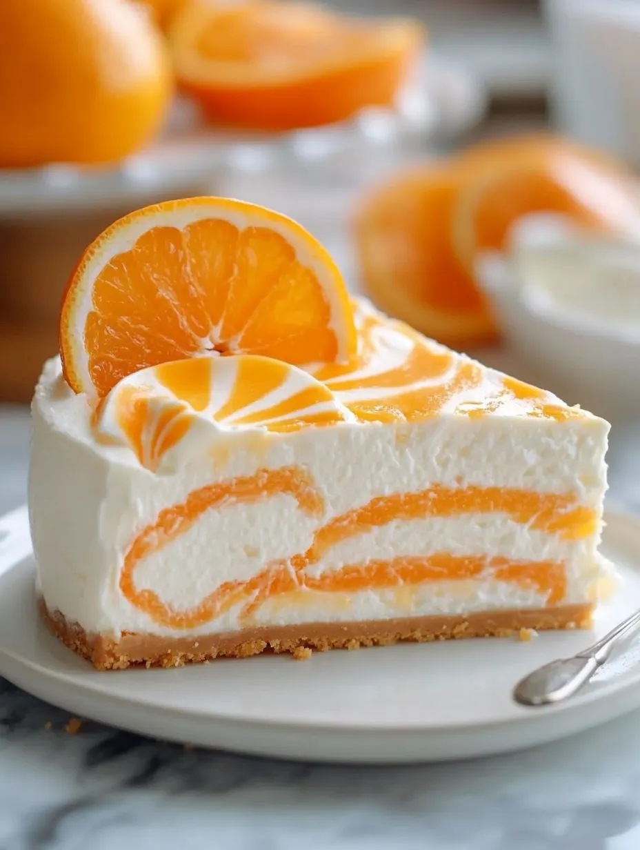 Ein Stück Orangenkäsekuchen mit Orangenscheiben als Dekoration.