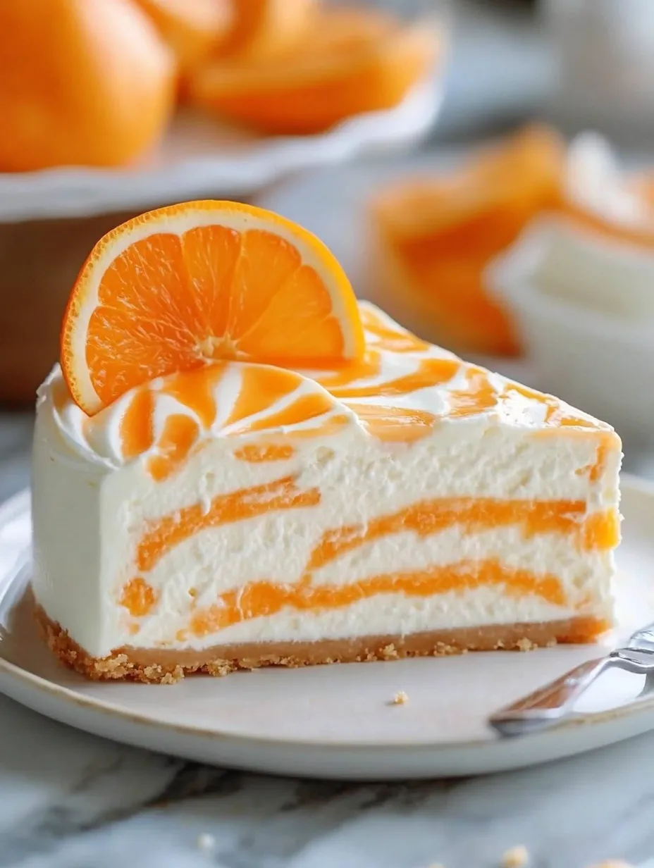 Ein Stück Orangenkäsekuchen mit einer Orangenscheibe als Dekoration.