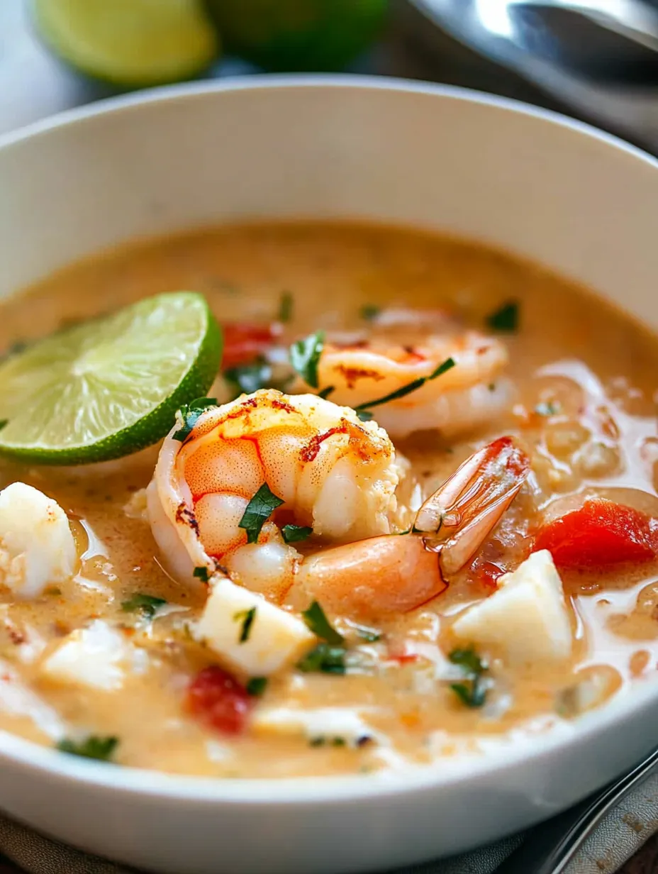 Eine Schüssel Suppe mit Garnelen und Limette.