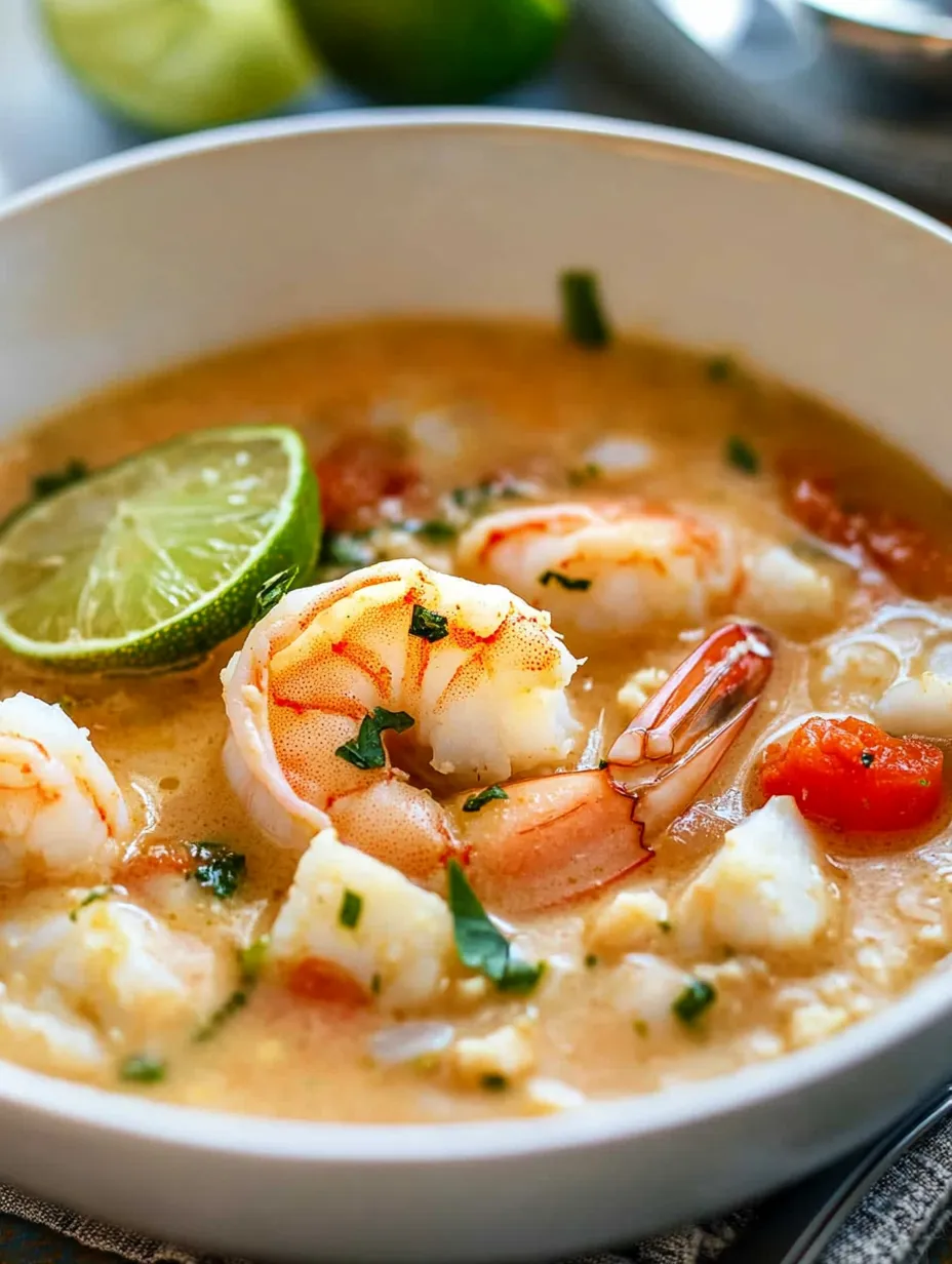 Eine Schüssel Suppe mit Garnelen und Limette.