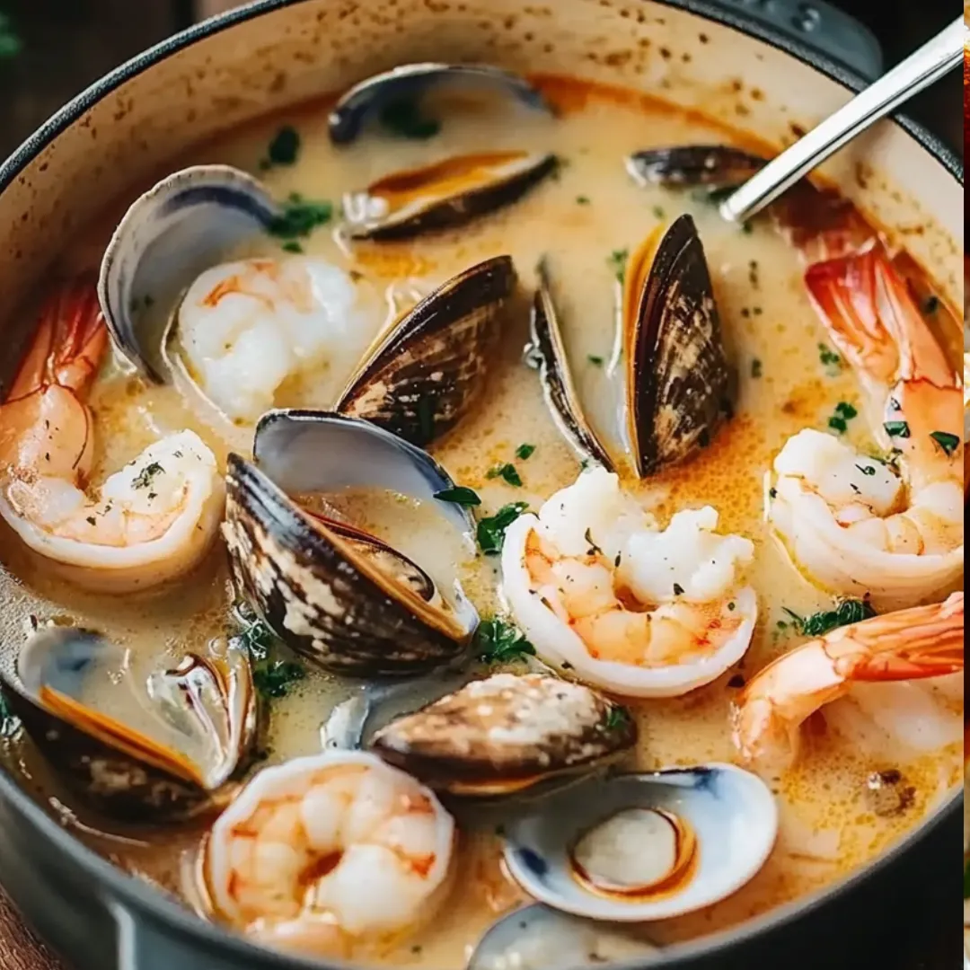 Eine Schüssel mit Garnelen und Muscheln.