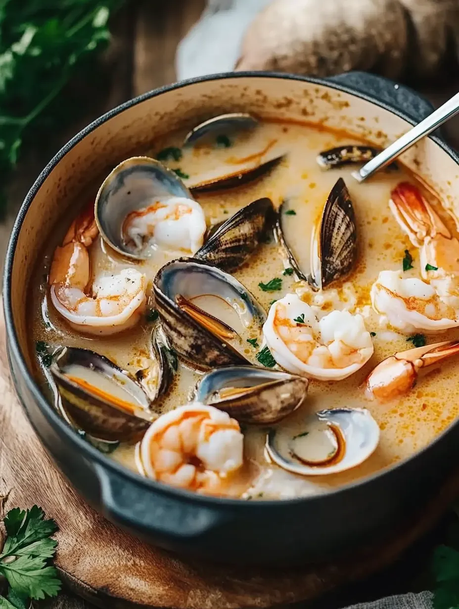 Eine Schüssel Suppe mit Garnelen, Venusmuscheln und Miesmuscheln.