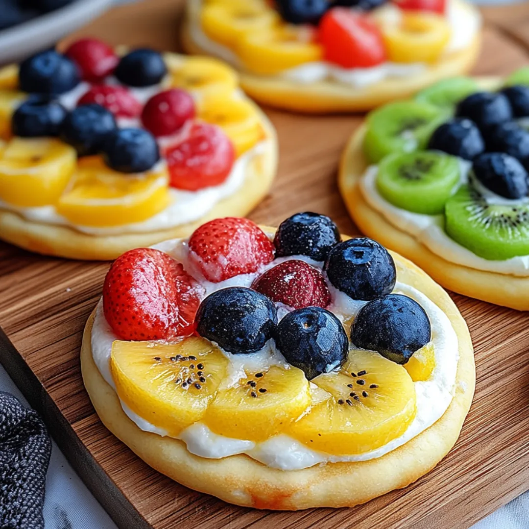 Ein Teller mit Keksen, die mit Joghurt und Früchten dekoriert sind.