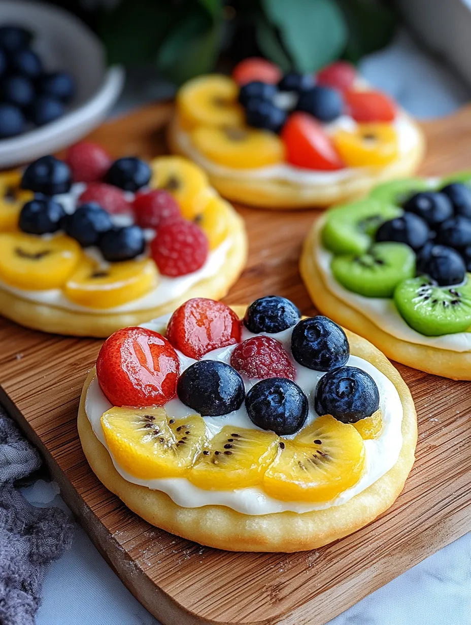 Obstbedeckte Kekse auf einem Holzbrett.