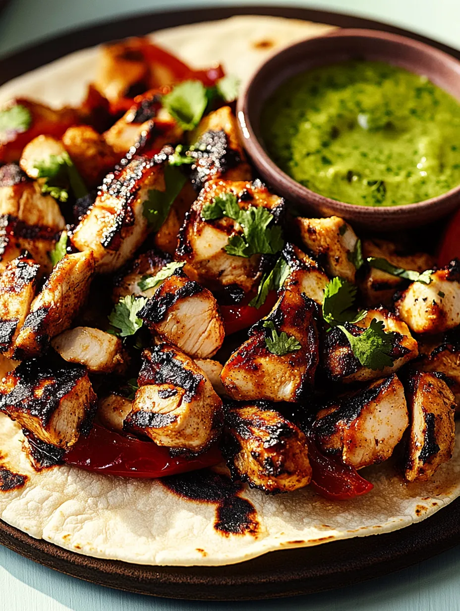 Ein Teller mit gegrilltem Hähnchen und einer Portion Salsa.