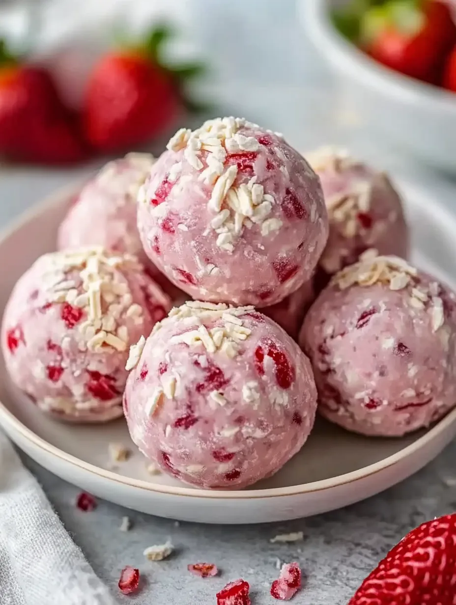Ein Teller mit rosa Bällchen mit roten Erdbeeren im Hintergrund.