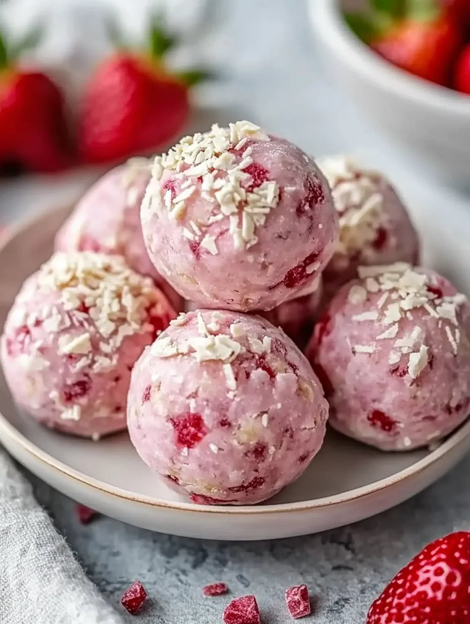 Ein Teller mit rosa Bällchen mit Puderzucker obendrauf.