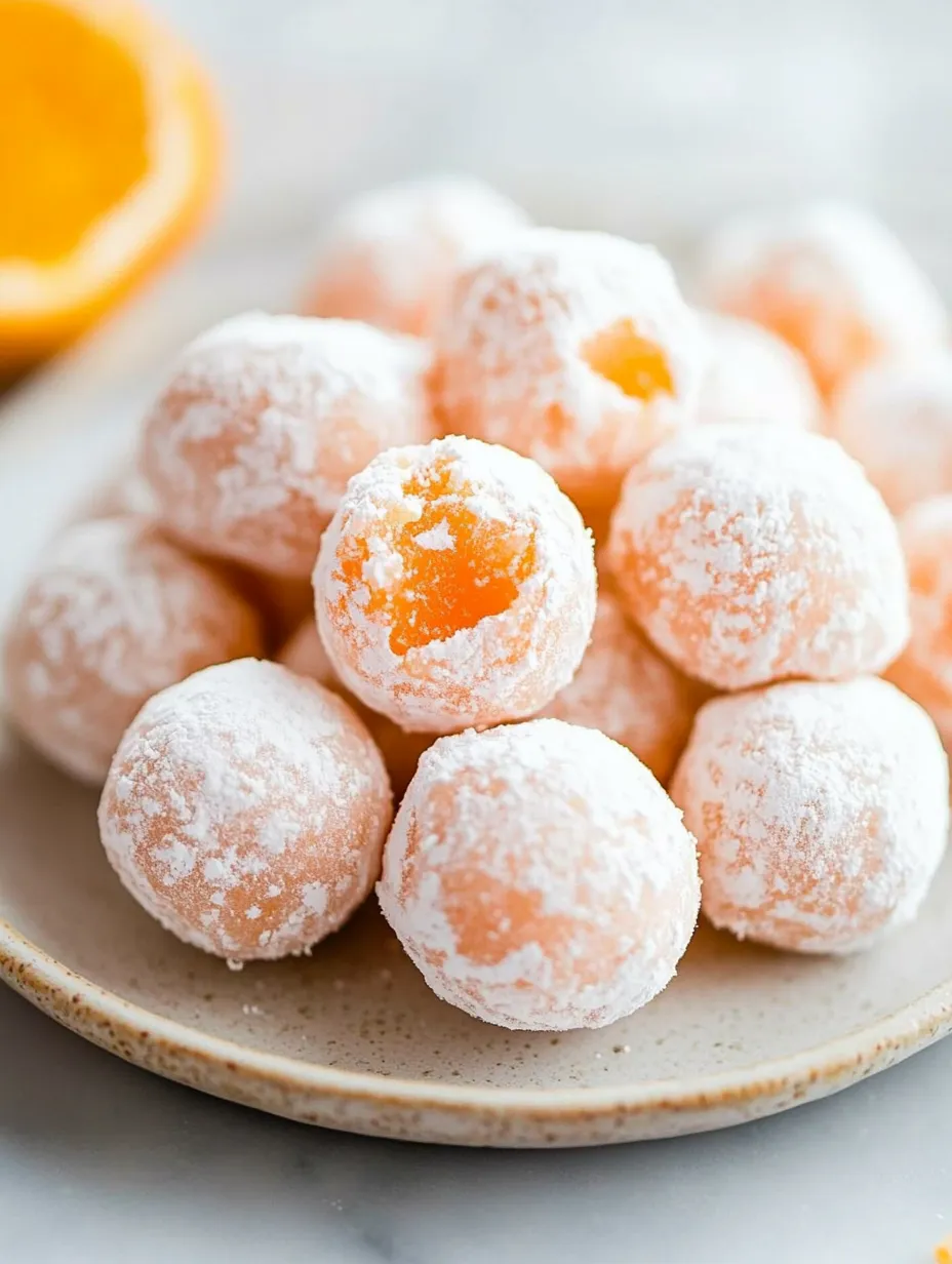 Ein Teller mit Puderzucker-Pralinen.