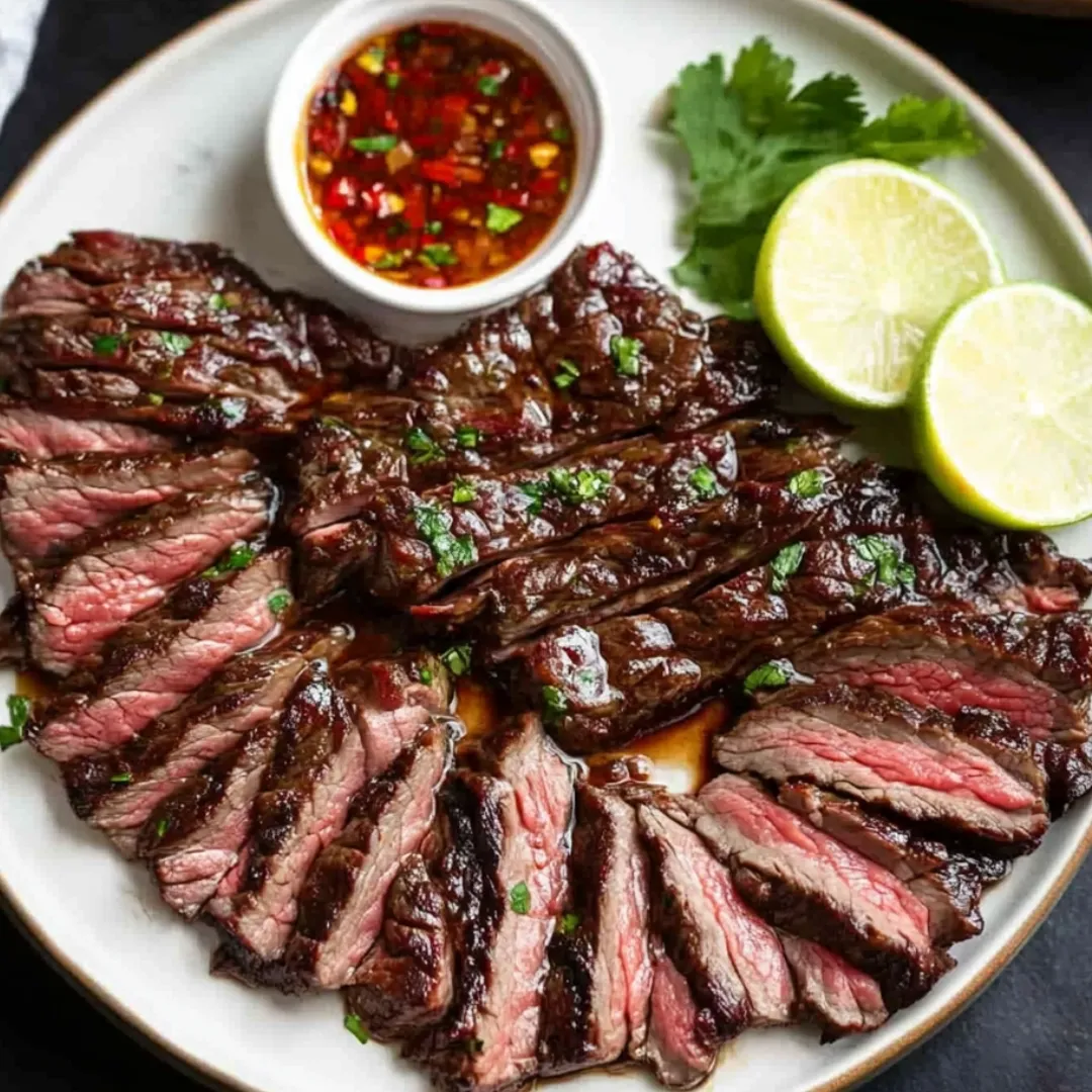Ein Teller Steak mit einer Schale Dip.