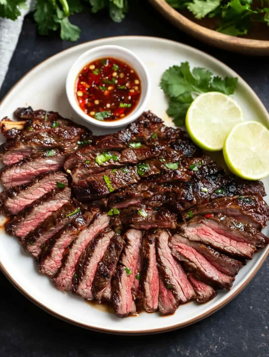 Ein Teller mit Fleisch und einer Schüssel Sauce.
