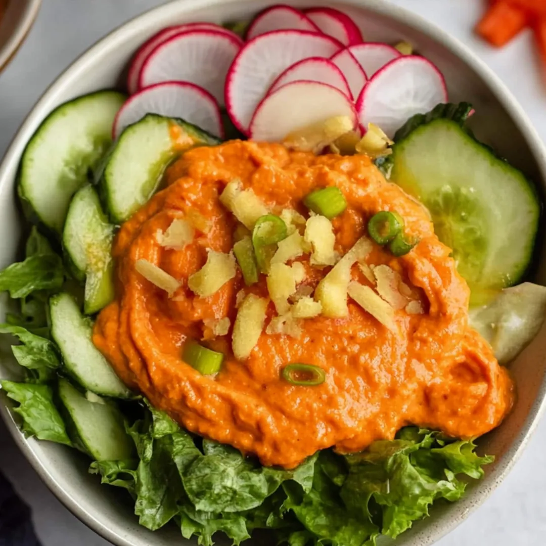Eine Schüssel Salat mit roter Soße und geschnittenem Gemüse.