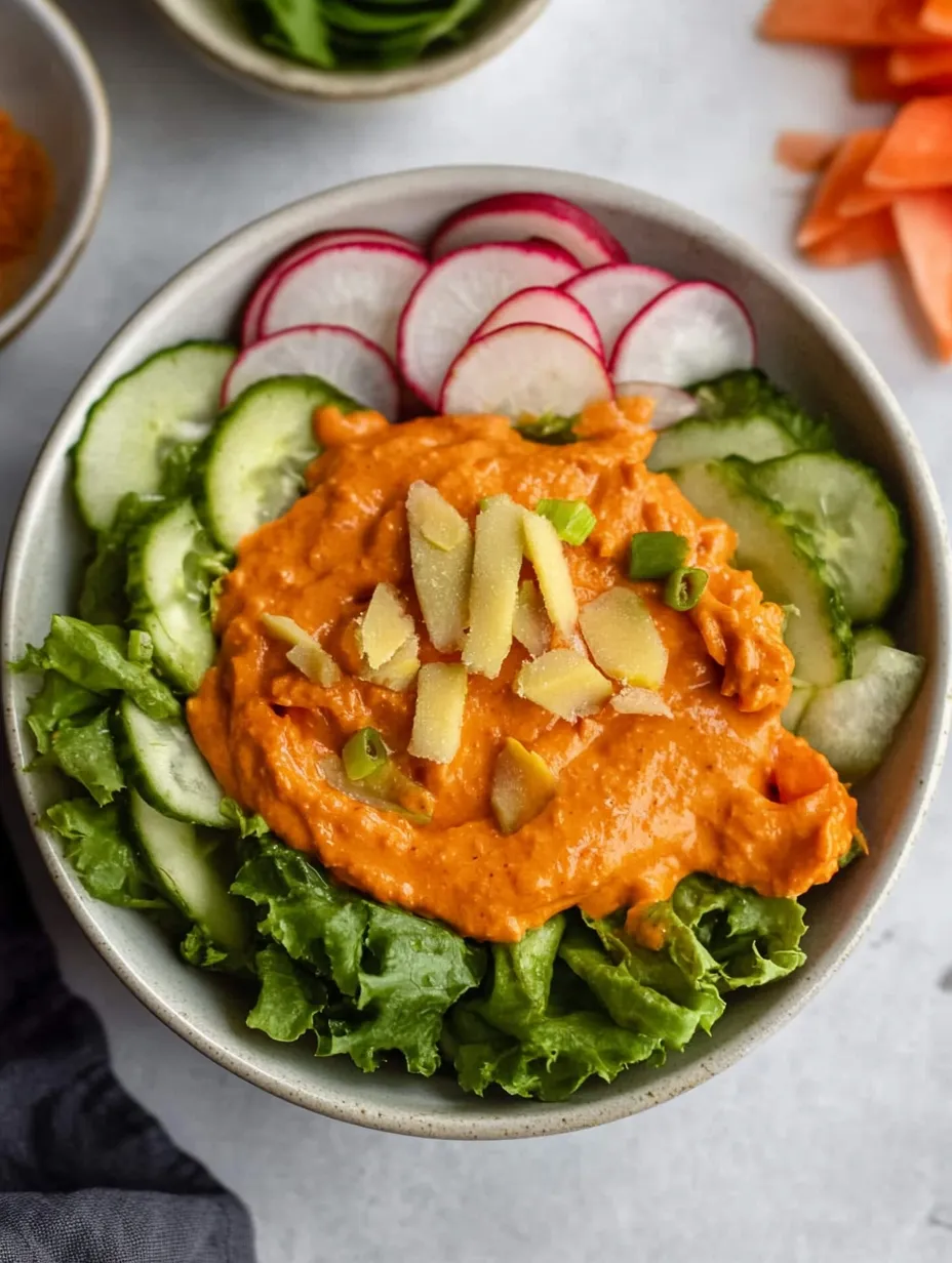 Eine Schüssel Salat mit Gurken, Radieschen und einer roten Soße.