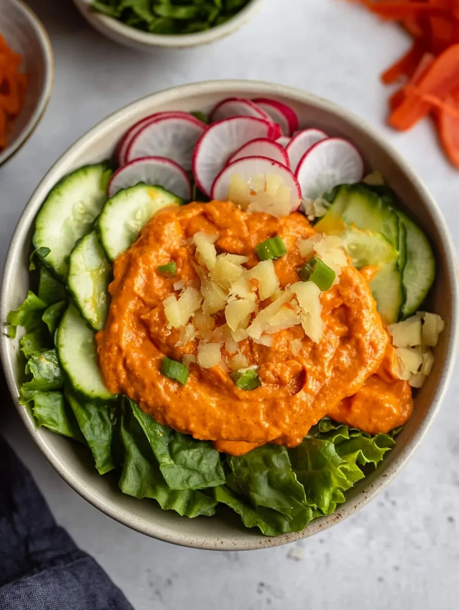 Eine Schüssel Salat mit Gurken und roter Soße.