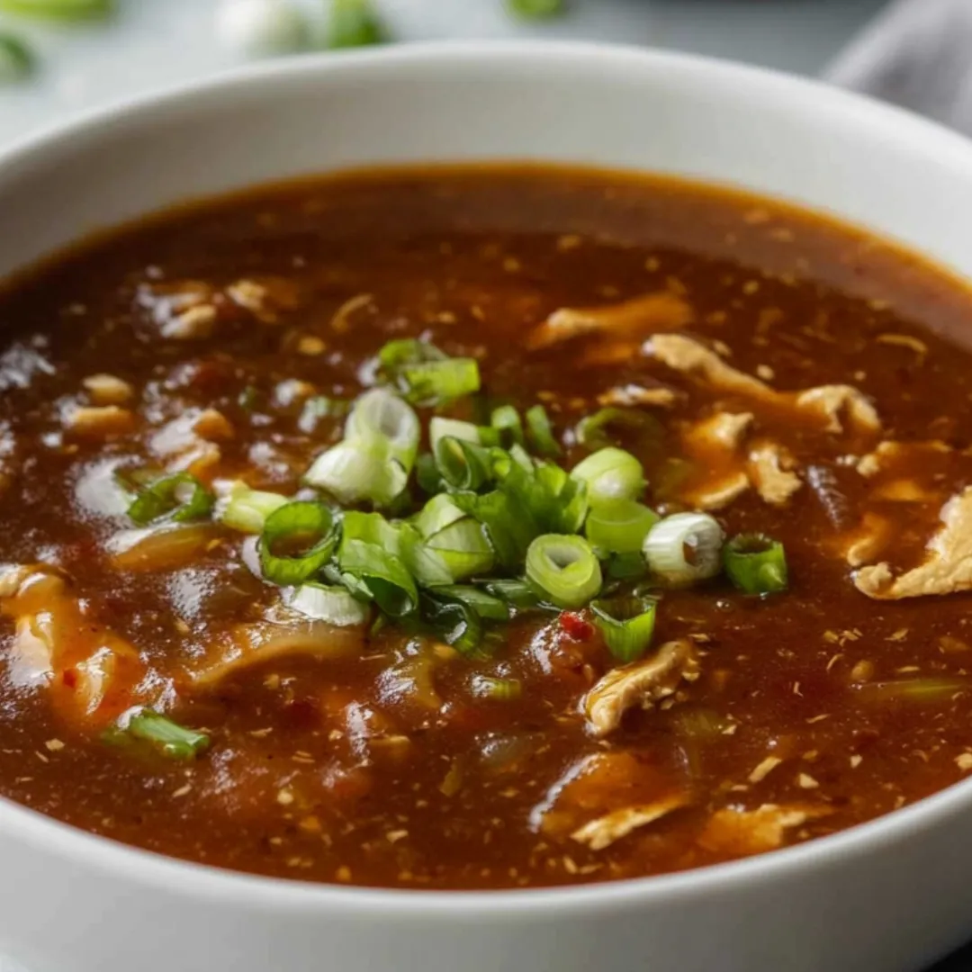 Eine Schüssel Suppe mit Frühlingszwiebeln.
