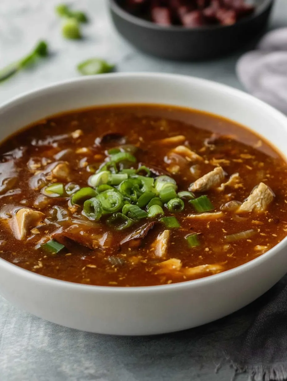 Eine Schüssel Suppe mit Frühlingszwiebeln.