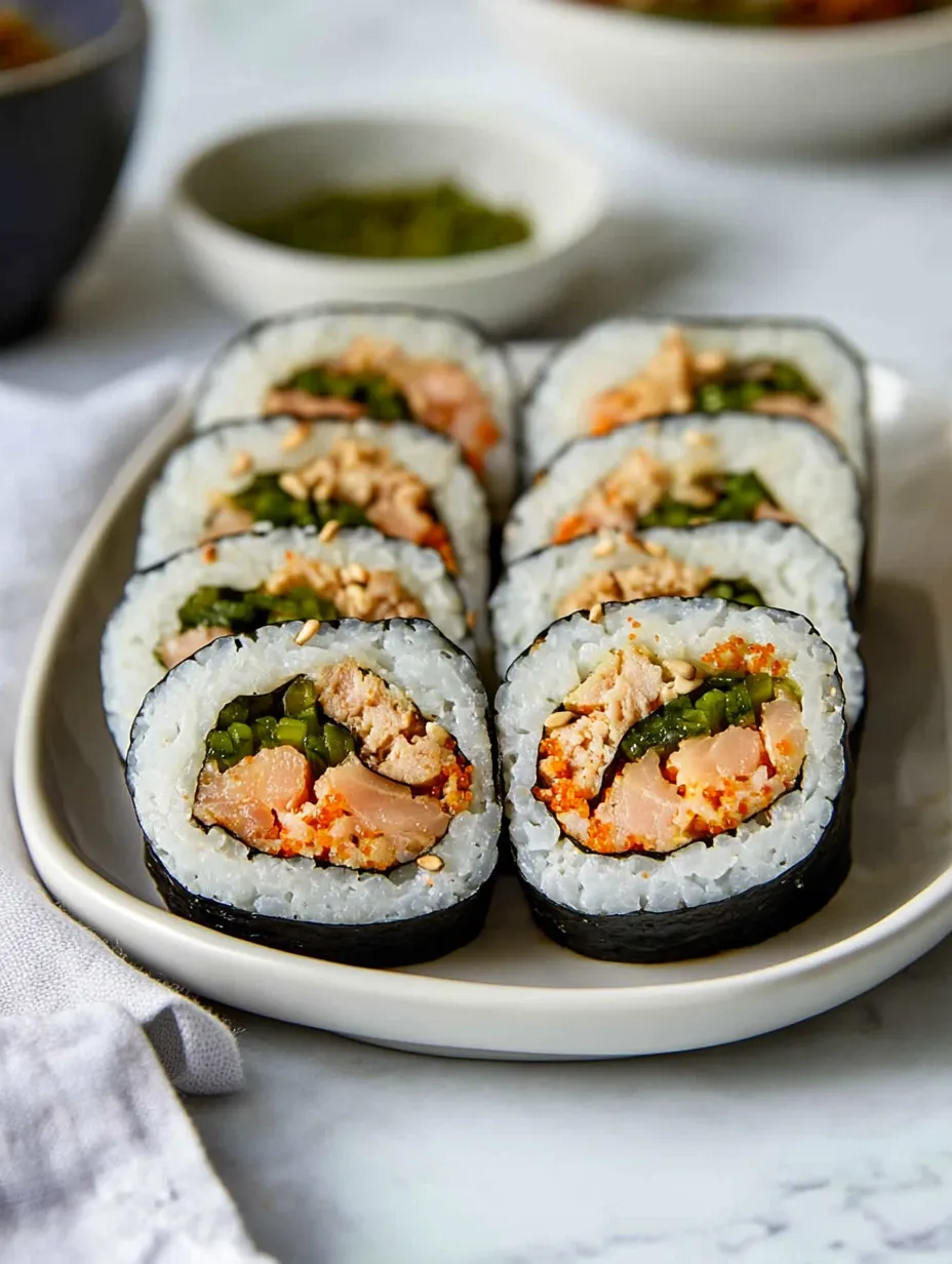 Ein Teller mit Sushi aus Reis und Fisch.