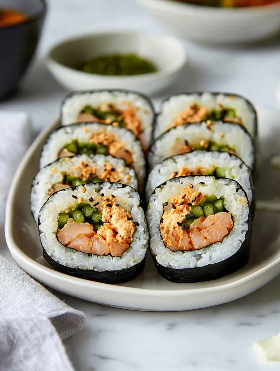 Ein Teller mit Sushi, Erbsen und Lachs.
