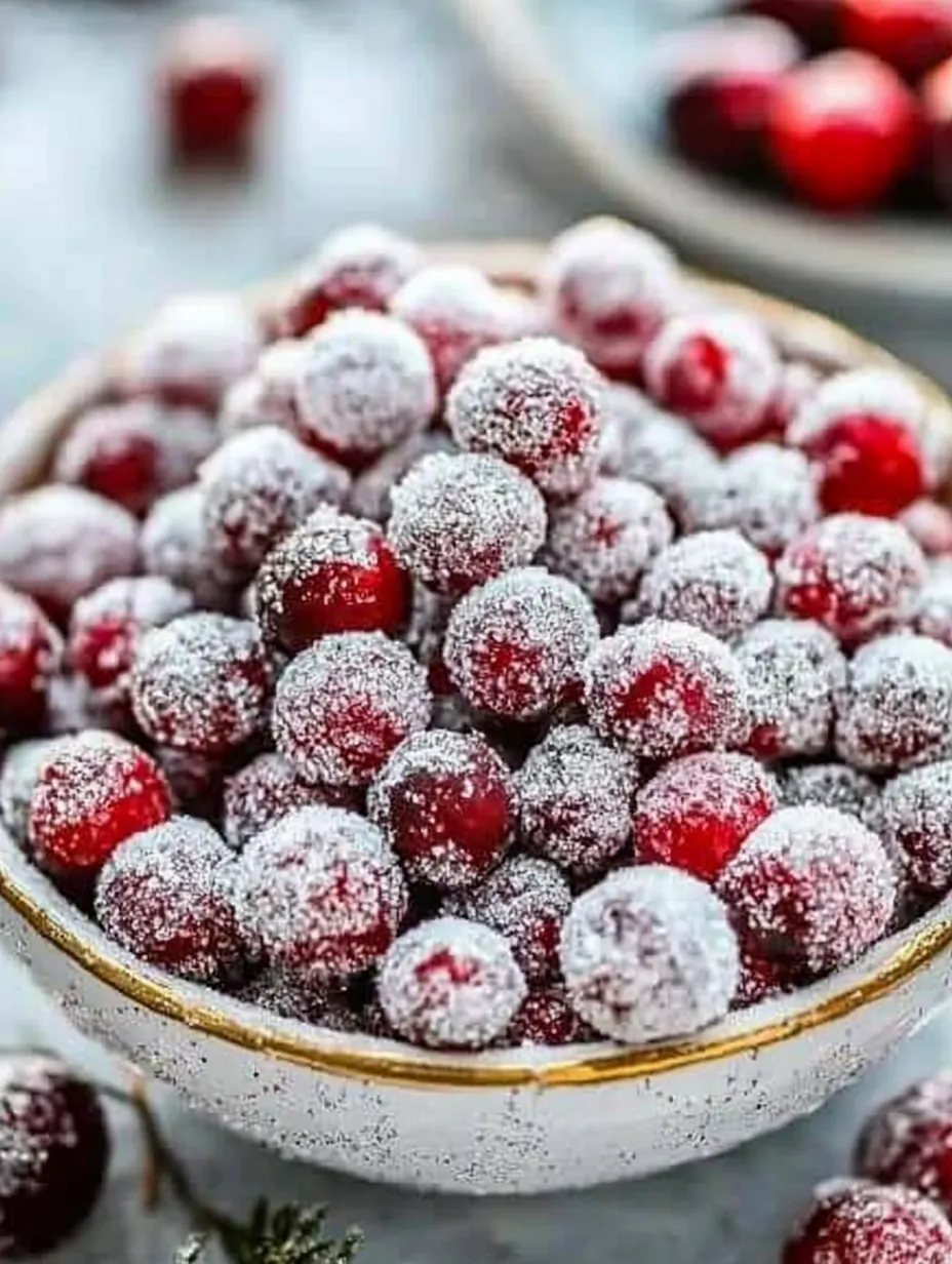 Schüssel mit roten Beeren bedeckt mit Puderzucker.