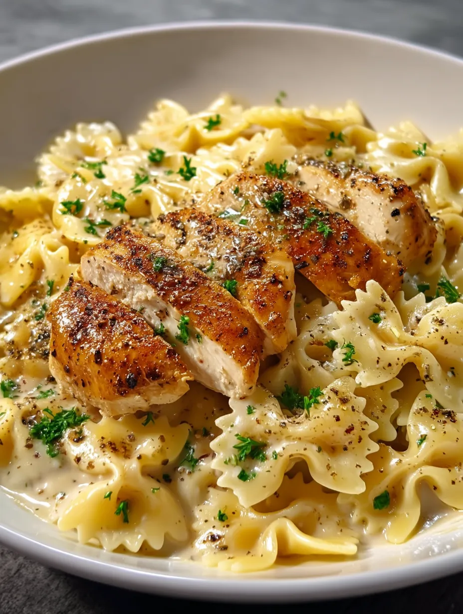 Eine Schüssel Nudeln mit Hähnchen und Kräutern.