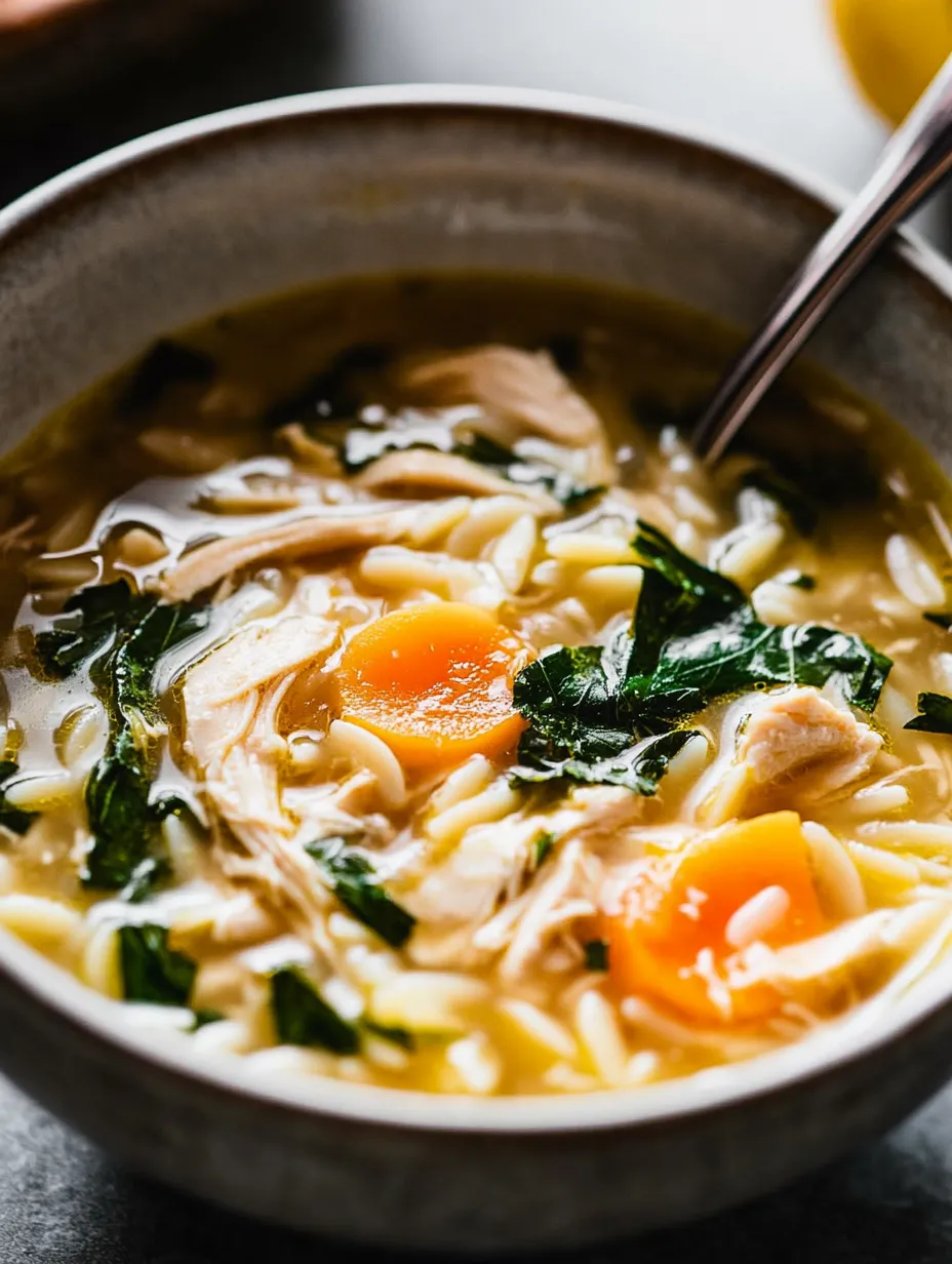 Eine Schüssel Suppe mit Hähnchen, Karotten und Grünzeug.