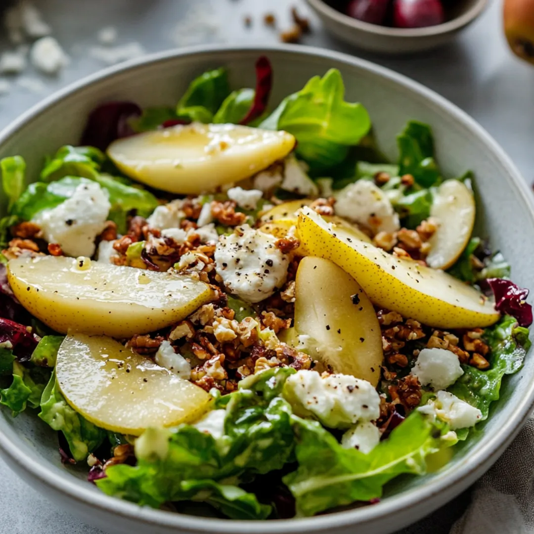 Eine Schüssel mit Salat, Feta und Äpfeln.