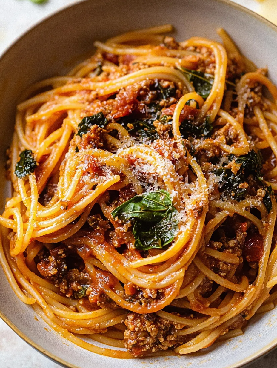 Eine Schüssel Spaghetti mit Fleischsoße und Käse.