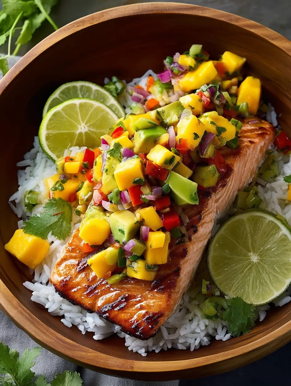 Eine Schüssel mit Reis, Fisch und Gemüse.