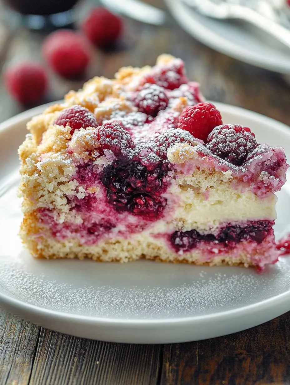 Ein Stück Kuchen mit Beeren obendrauf.