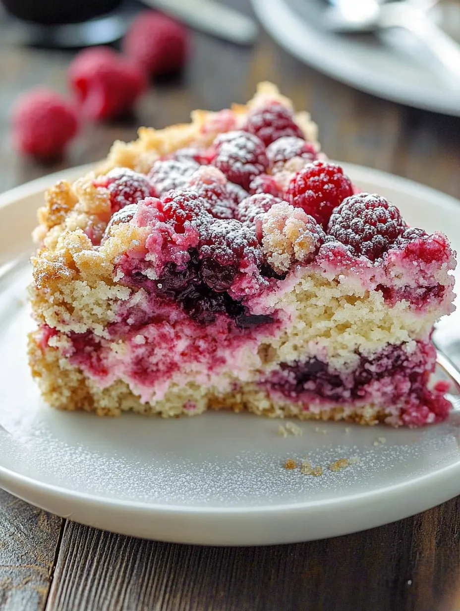Ein Stück Kuchen mit Beeren obendrauf.