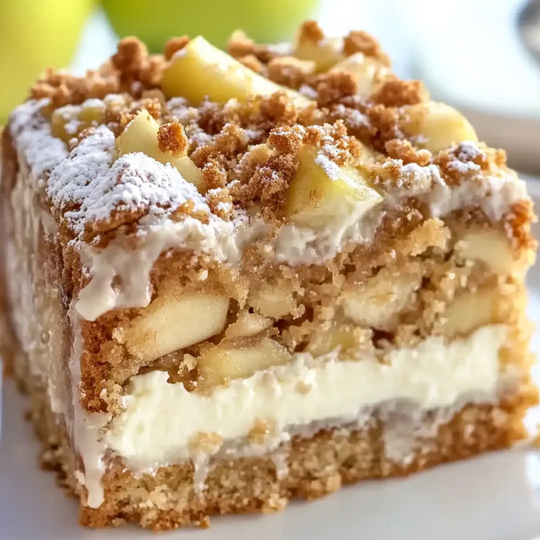 Ein Stück Kuchen mit weißer Glasur und Apfelscheiben.