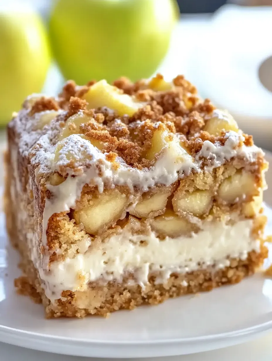 Ein Stück Kuchen mit Apfelscheiben obendrauf.