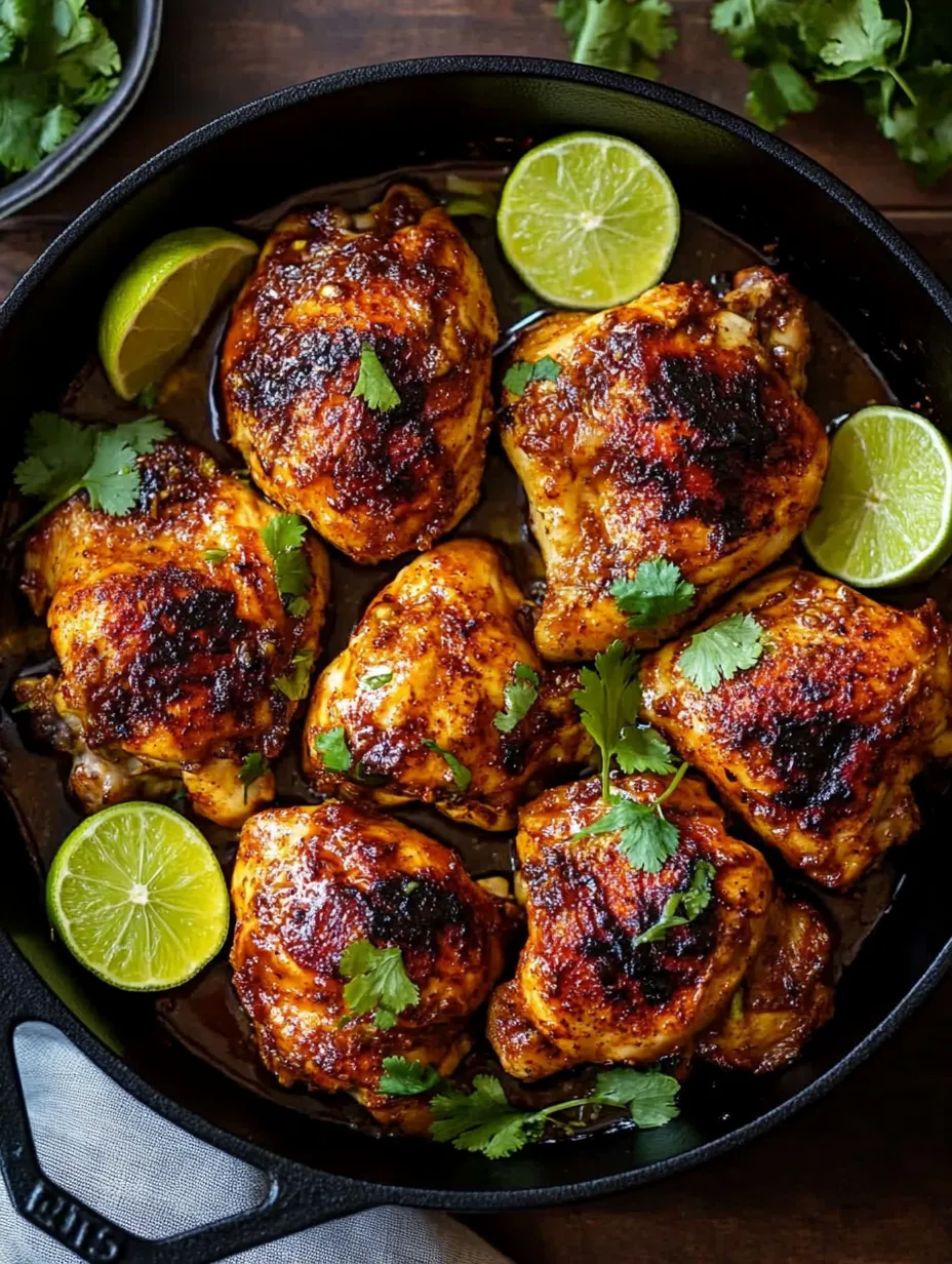 Eine Pfanne mit Hähnchen, Limetten und Kräutern.