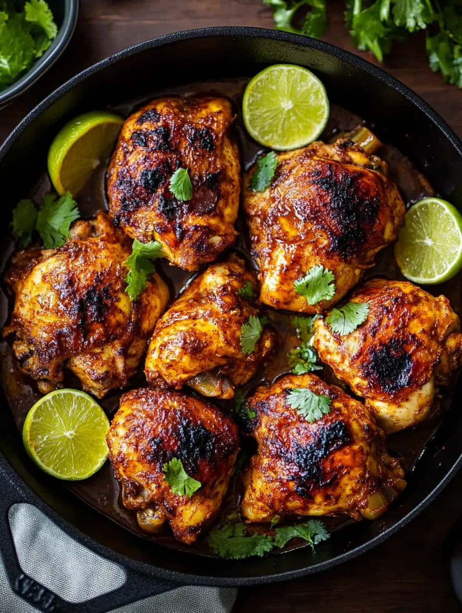 Eine Pfanne mit Hähnchen, Limetten und Kräutern.