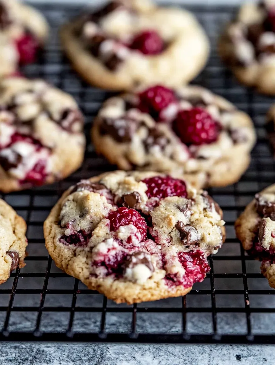 Ein Tablett mit Keksen mit Schokolade und Himbeeren obendrauf.