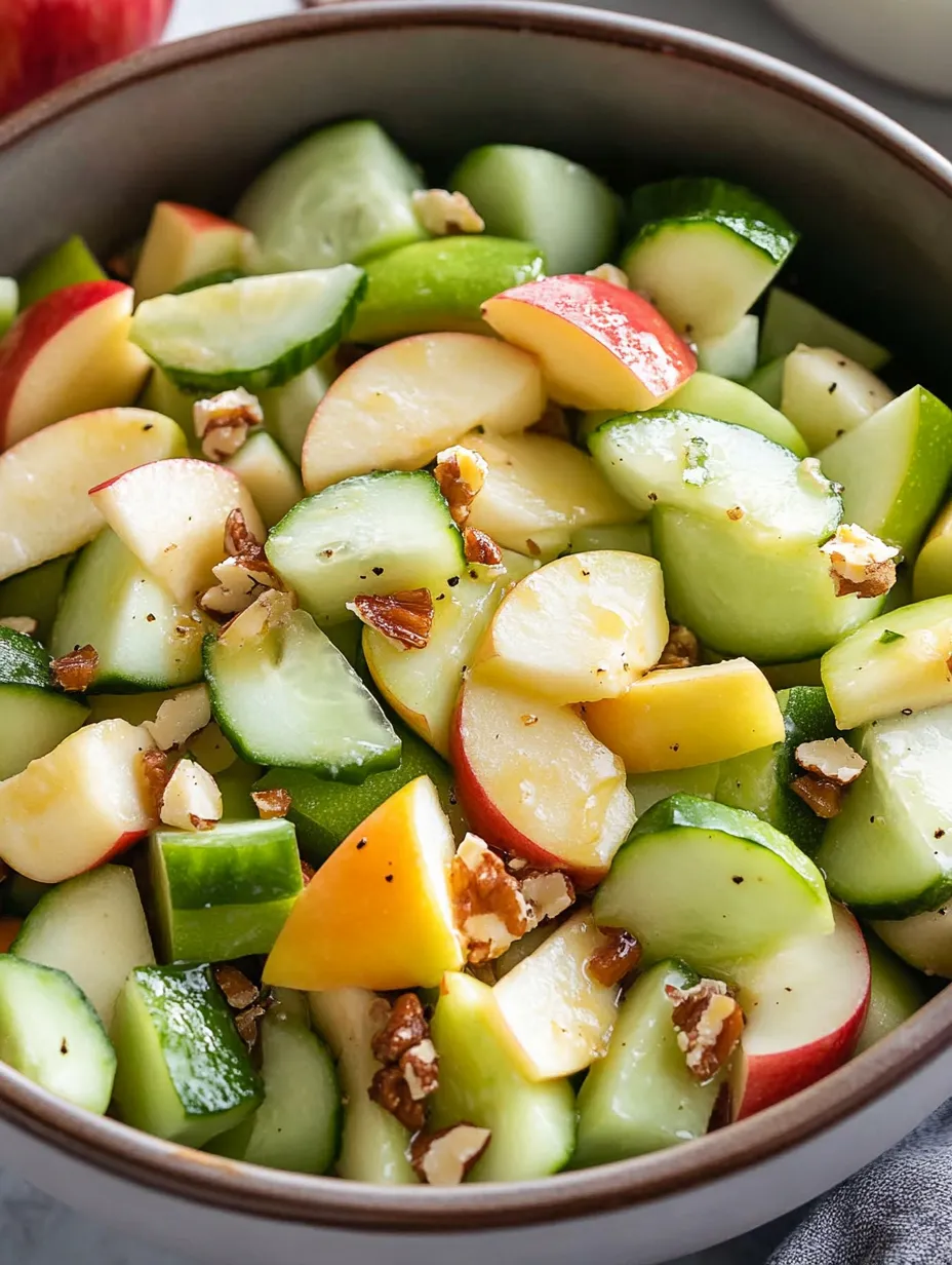 Eine Schüssel mit Obst, geschnittenen Äpfeln, Gurken und Paprika.