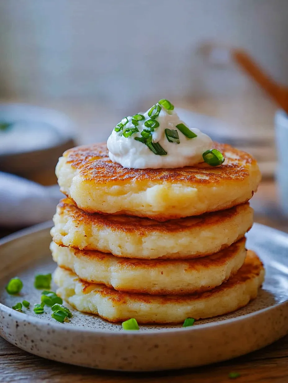 Ein Stapel Puffer mit weißer Sauce darauf.