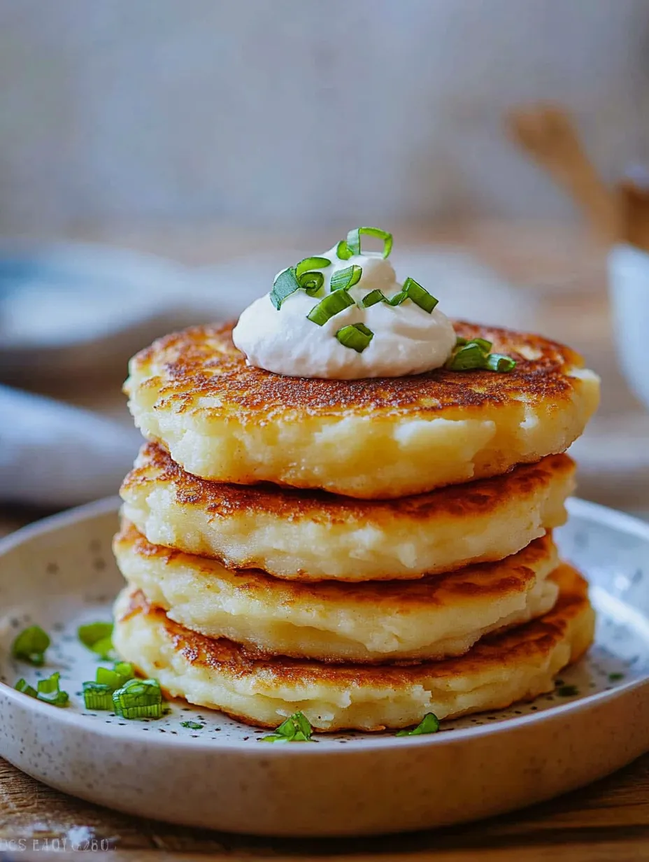 Ein Stapel Puffer mit weißer Sauce darauf.