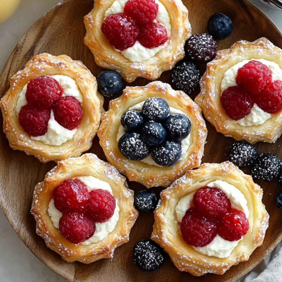 Ein Teller mit Gebäck, Beeren und Frischkäse.