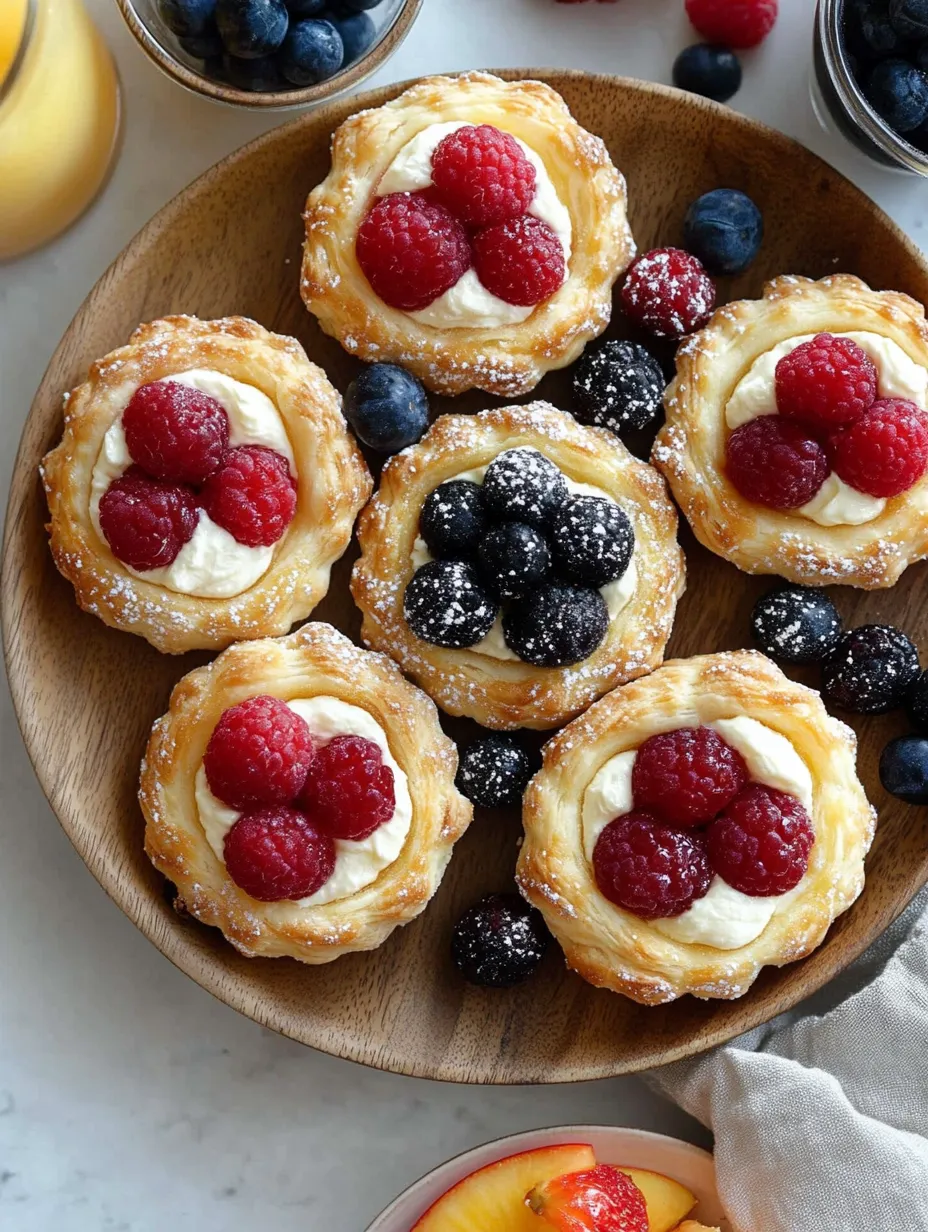 Ein Teller mit Törtchen und Beeren obendrauf.
