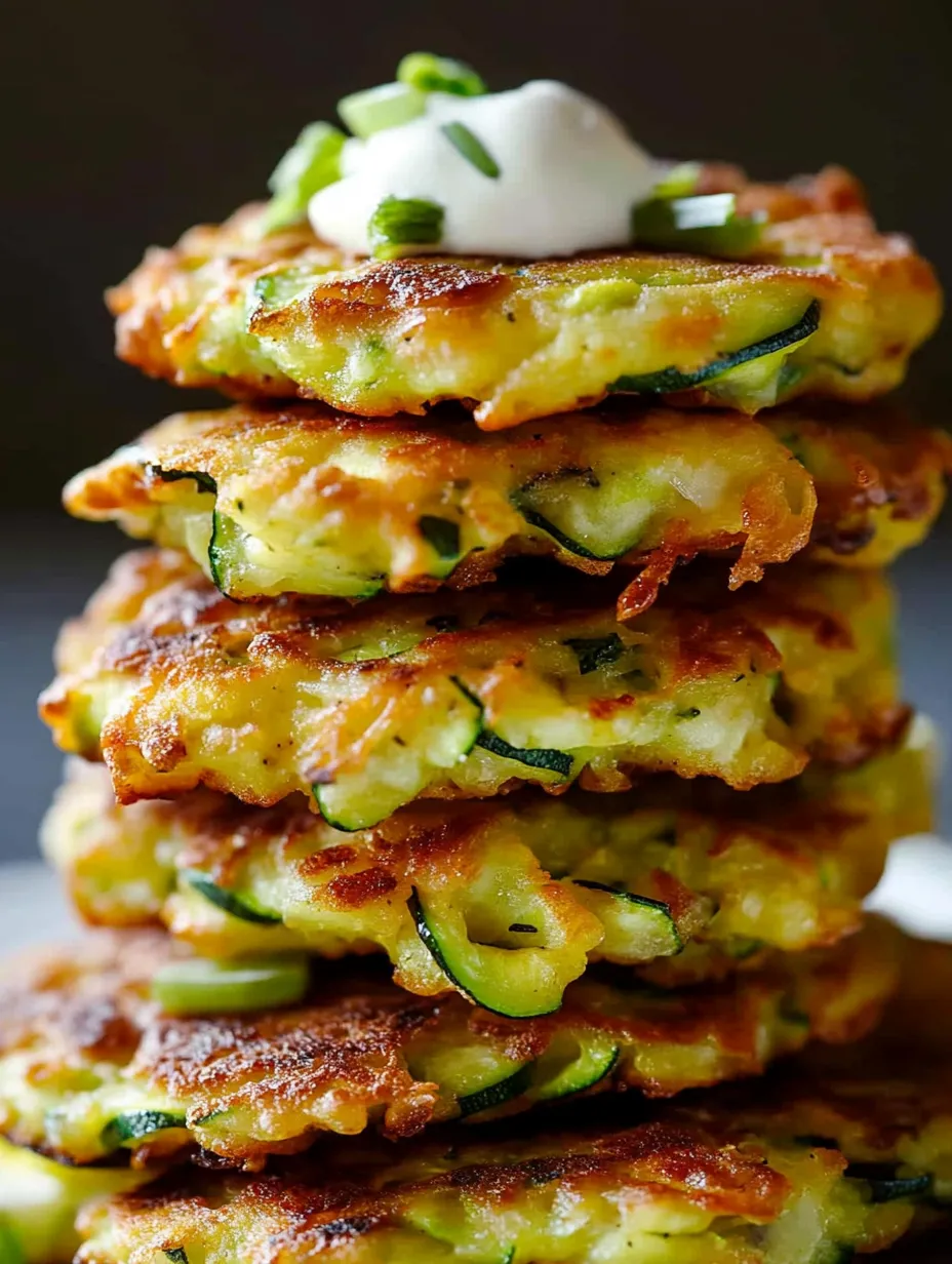 Ein Stapel Puffer mit Zucchini obendrauf.