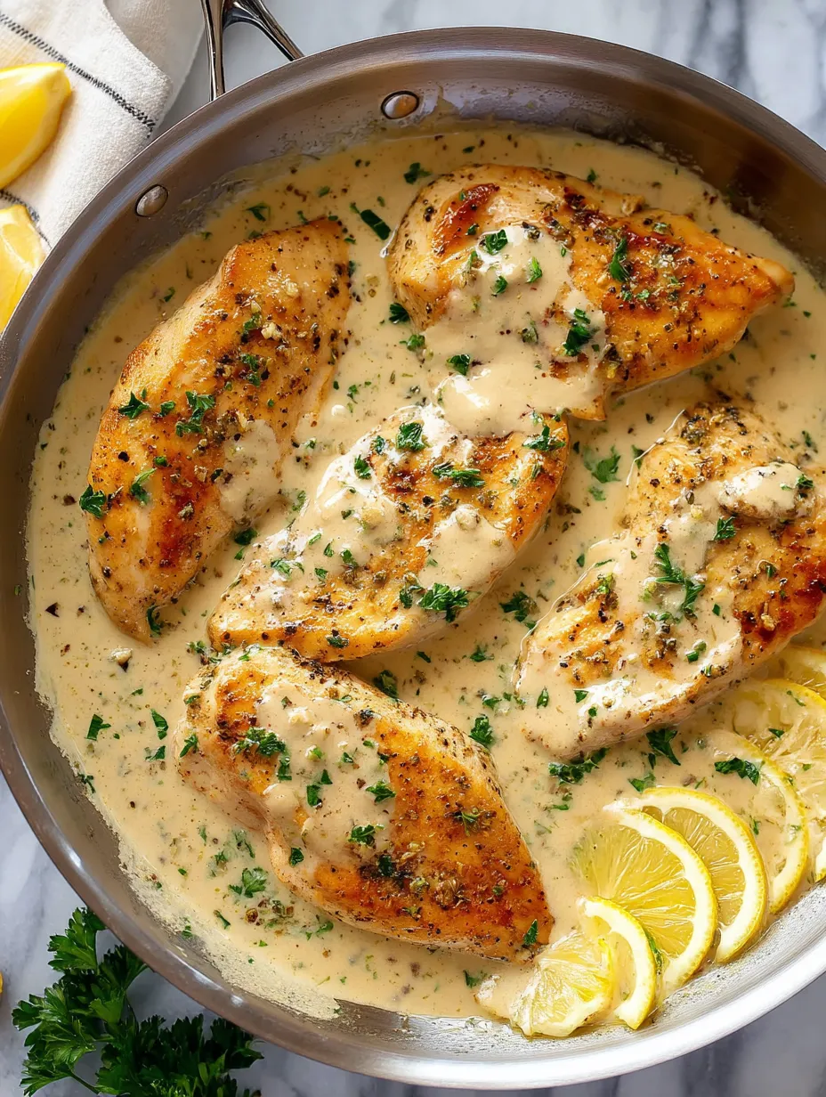 Eine Pfanne mit Hähnchen in Sauce und Kräutern.