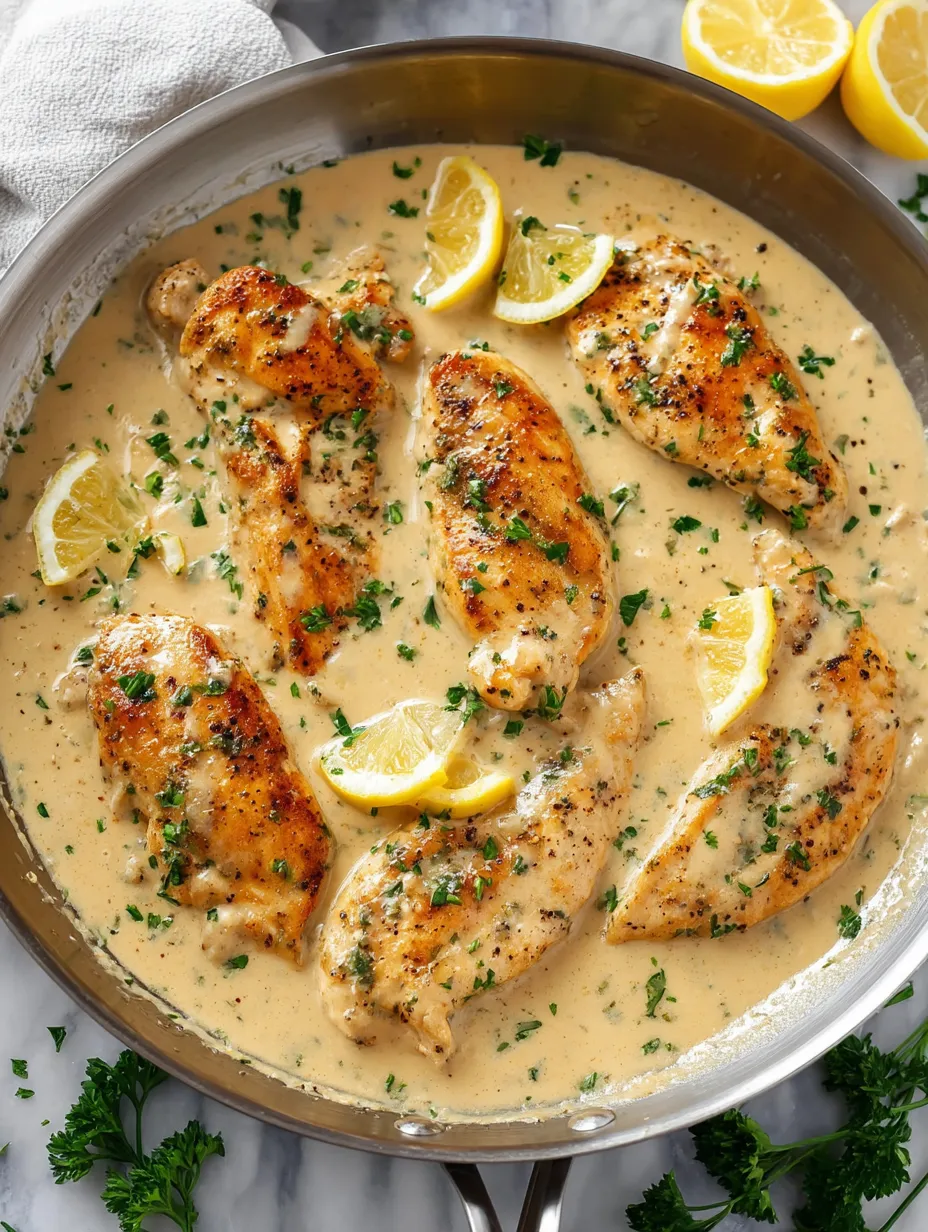 Hähnchen mit Zitrone und Kräutern in cremiger Sauce.