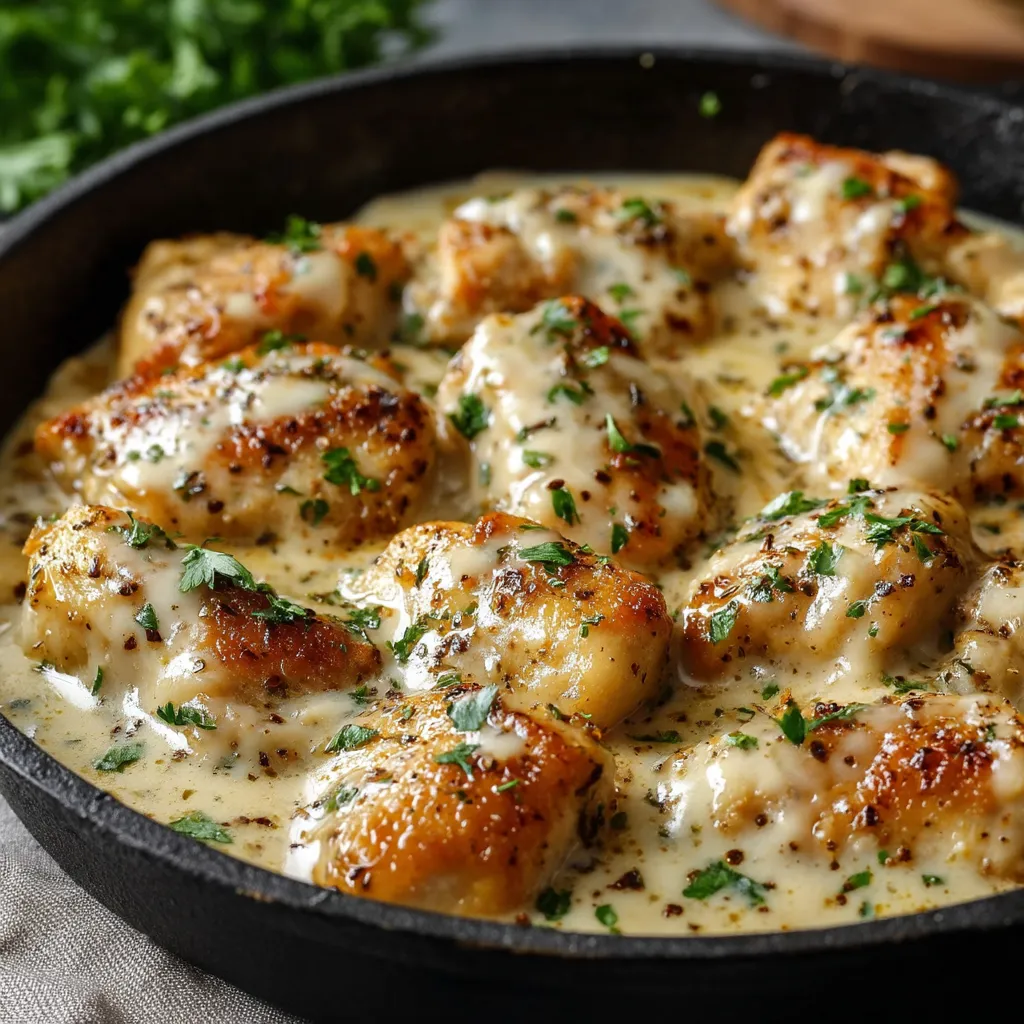 Eine Pfanne mit Huhn, Käse und Kräutern.