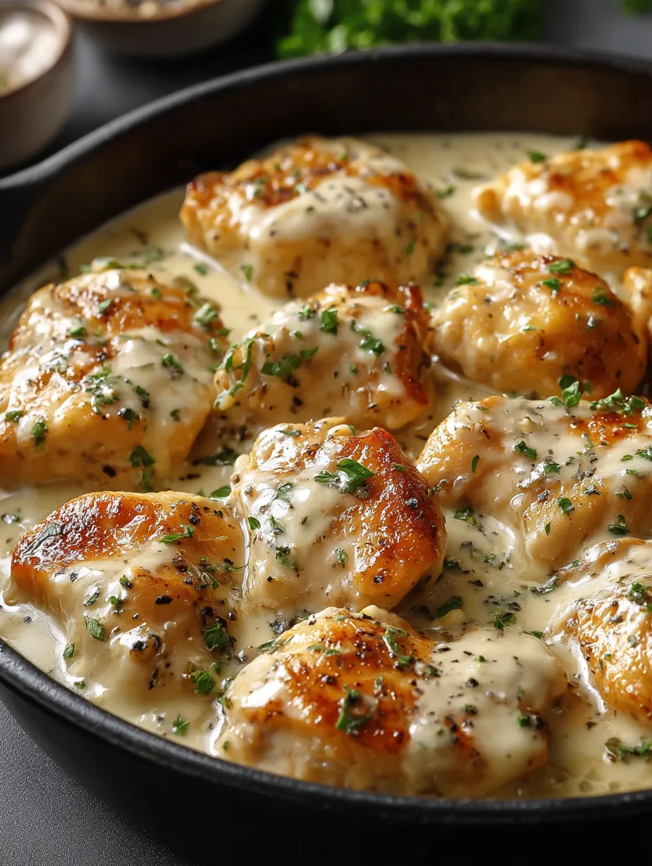 Eine Pfanne mit Hähnchen und Soße.