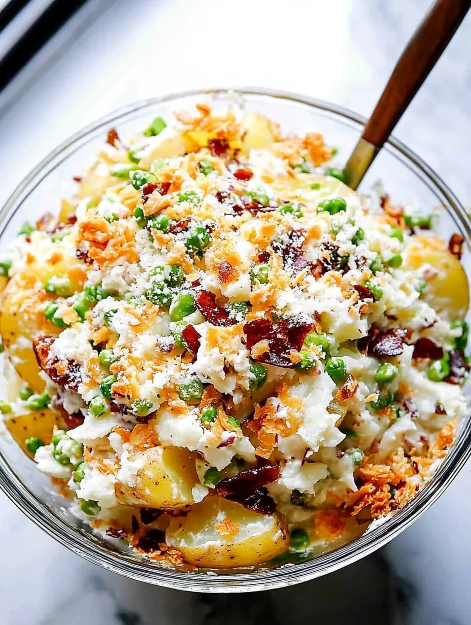 Eine Schüssel mit Kartoffelsalat mit Käse und Speck.