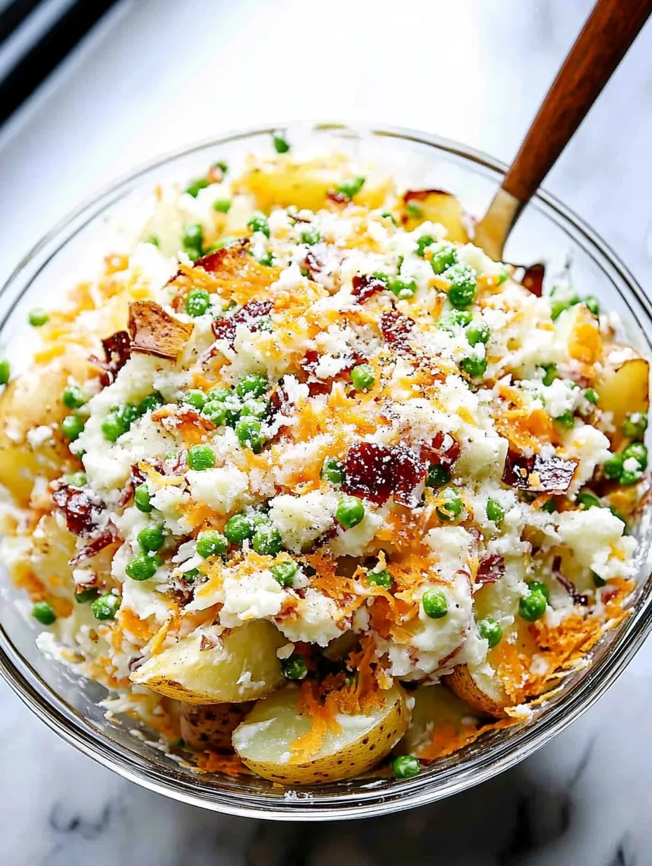 Eine Schüssel mit Kartoffelsalat und Erbsen.