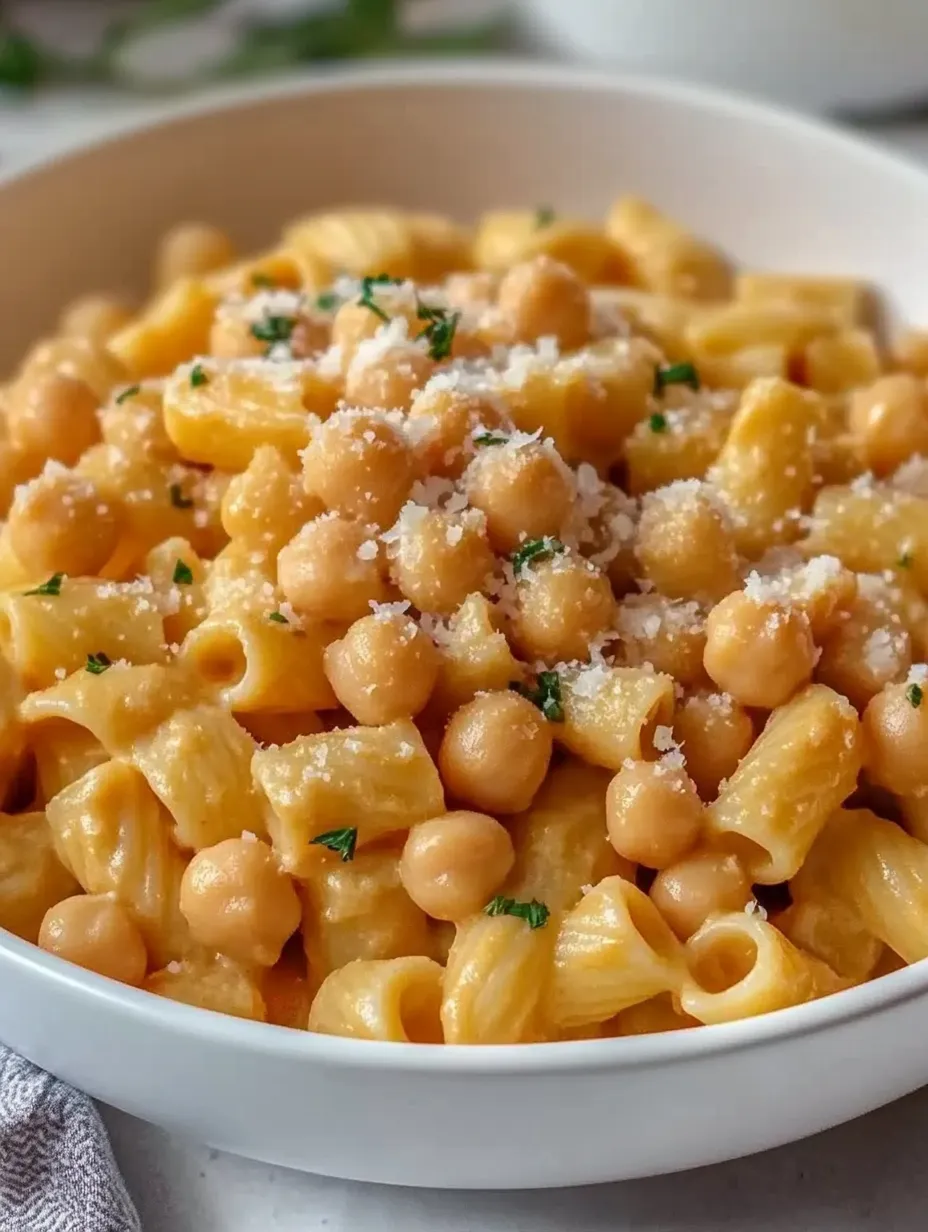 Eine Schüssel Pasta mit Kichererbsen und Käse.