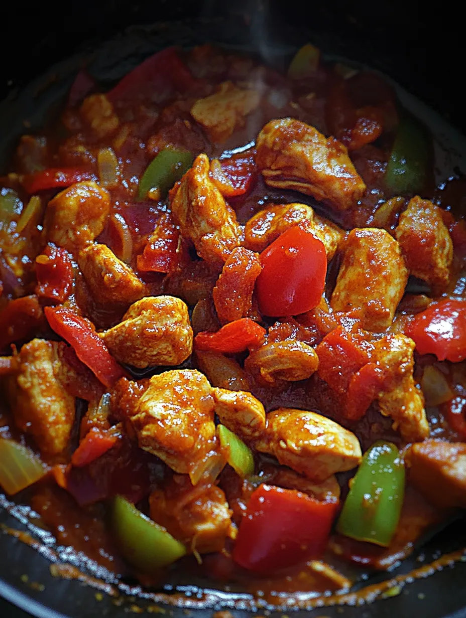 Eine Schüssel mit Hähnchen und Paprika.